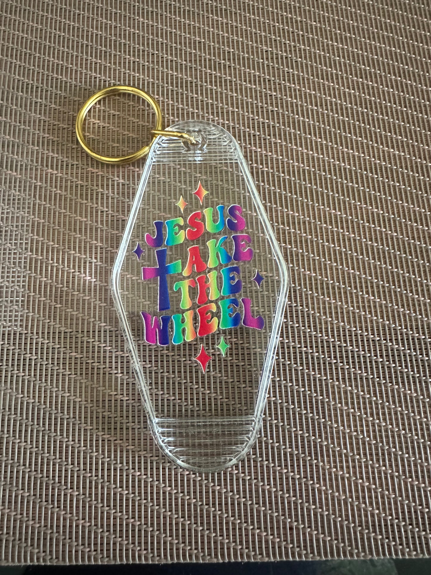 Jesus take the wheel motel keychain
