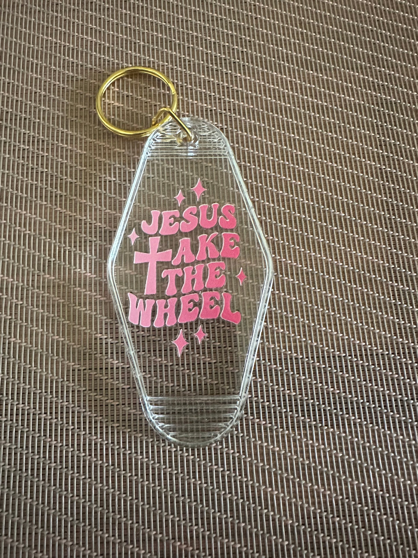 Jesus take the wheel motel keychain