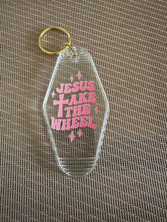 Jesus take the wheel motel keychain